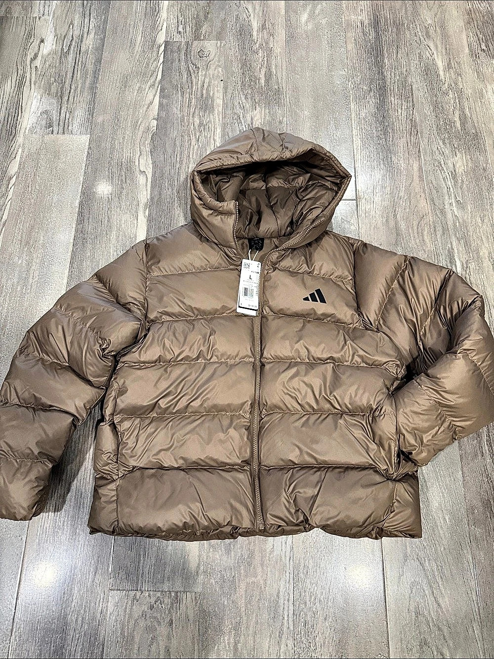adidas women’s Hooded Puffer Jacket in Brown Size Large